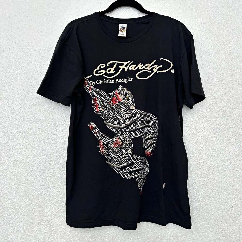 Ed Hardy Christian Audigier Black Double-Sided Rhinestone Tiger Graphic Tee L
